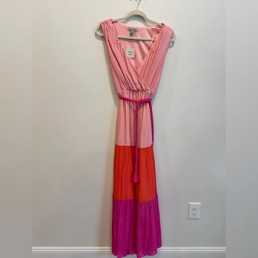 Flying Tomato Pink Orange Colorblock V neck Maxi Dress with Belt Medium NWT - Picture 2 of 10